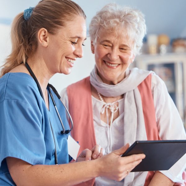 Nursing home, senior patient and nurse with tablet, medical exam results or digital report of steth